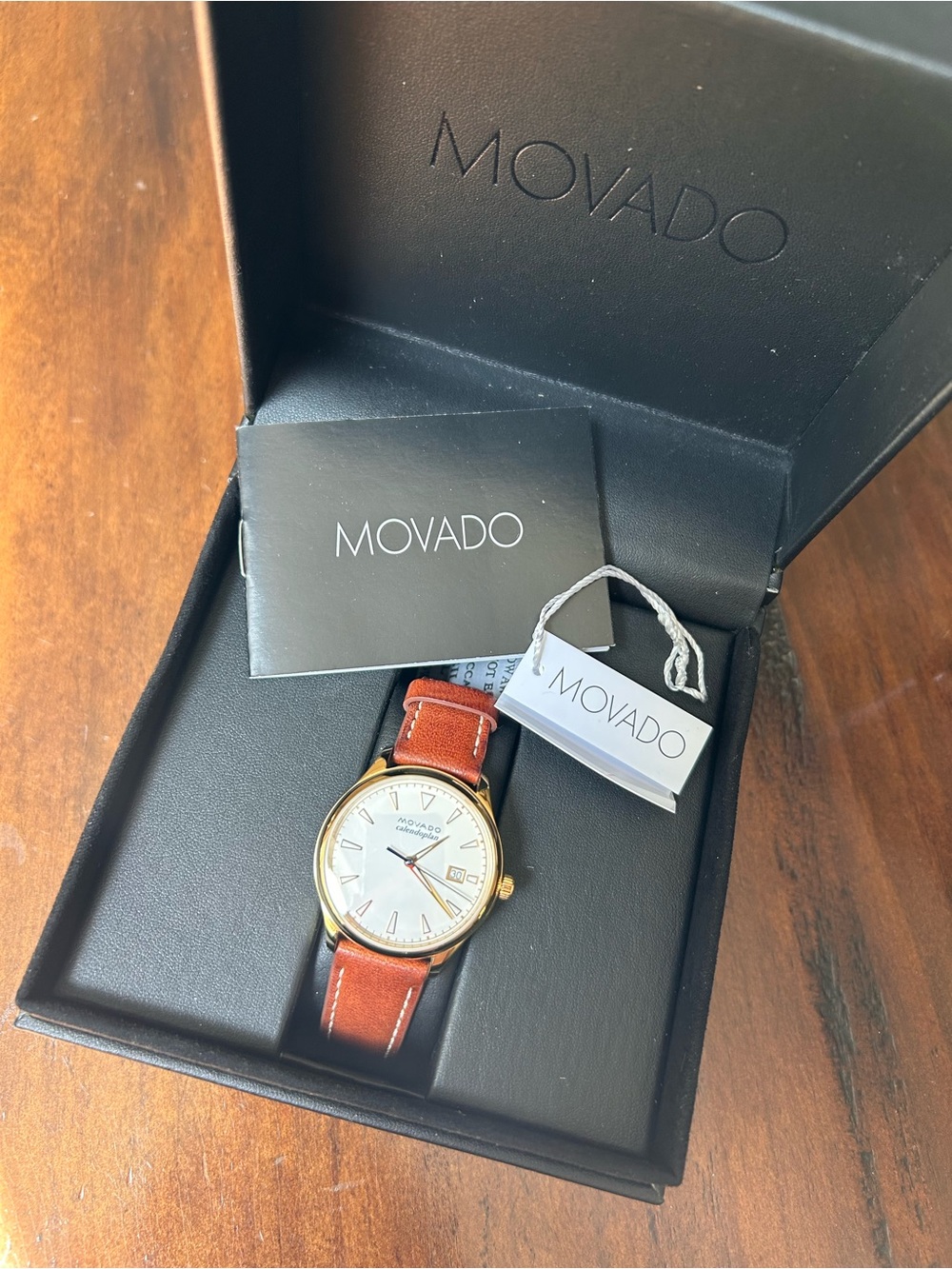 Movado Gold-Tone Case with Brown Leather Strap Watch